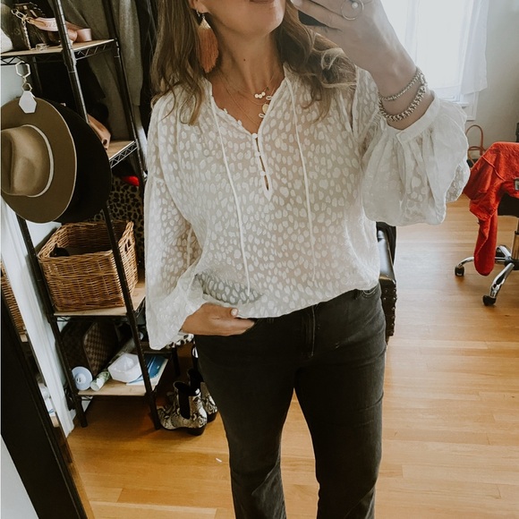 🛍️FRAME Spot Jacquard Silk Blend Smocked Peasant Blouse Off White XL - Picture 11 of 11